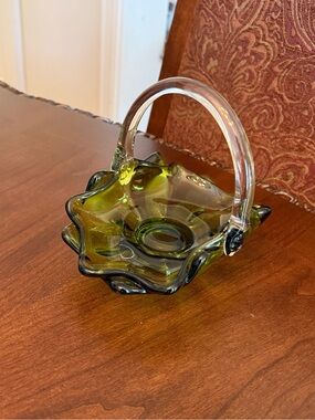 Vintage MCM Viking Avocado Green Glass Basket Flower Shape Clear Handle 7.5”L